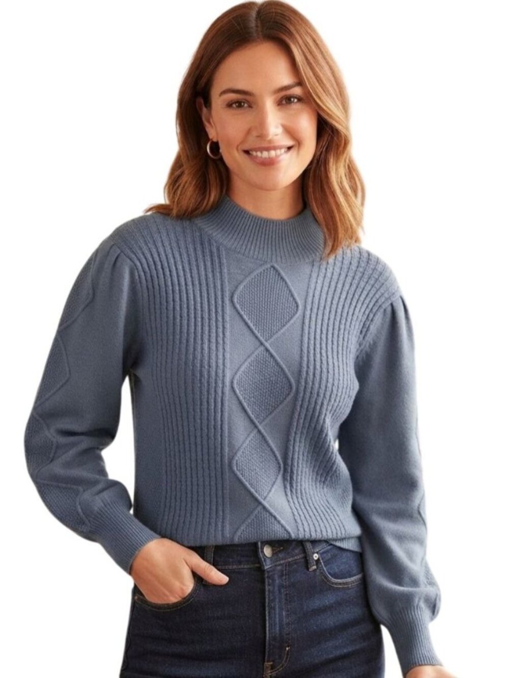 Philosophy Slate Blue CableKnit Mock Neck Balloon Sleeve Sweater Size M